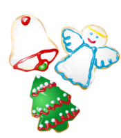 Three holiday cookies - a christmas tree, angel, and bell