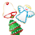 Three holiday cookies - a christmas tree, angel, and bell