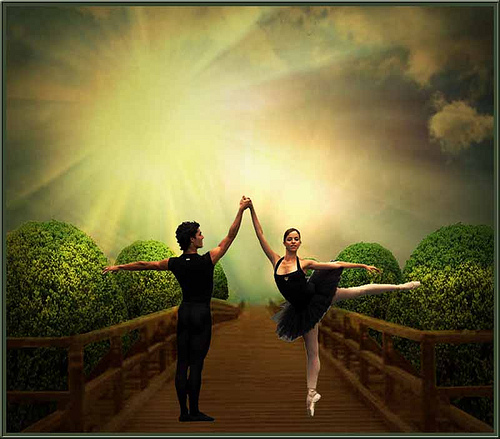 IMAGE A ballerina and her partner on a bridge. IMAGE