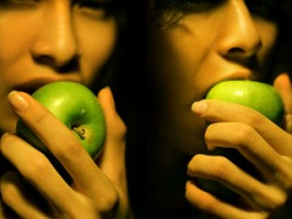 A composite image of a woman eating a green apple.